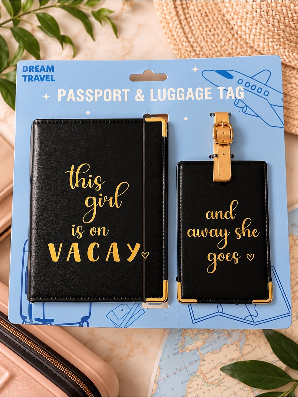 Dream Travel Passport Holder & Luggage Tag Set – Black & Gold